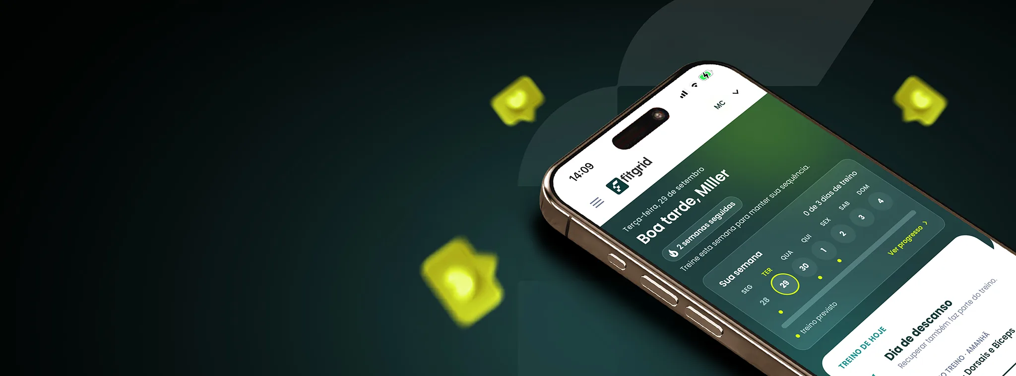 Tela inicial do app FitGrid para o aluno, com a semana de treino, a sequência de semanas e o treino do dia